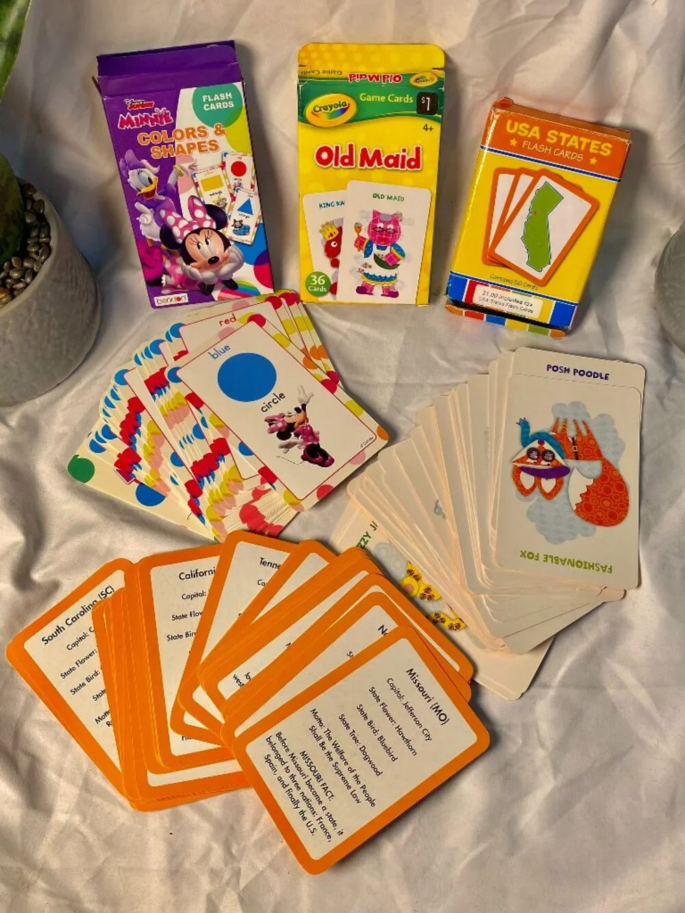 Crayola Old Maid + Disney Minnie Colors & Shapes + USA States Flash Cards